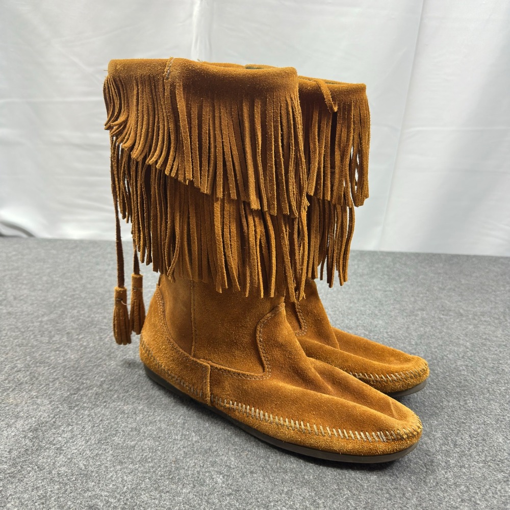 Minnetonka 1682 3-Layer Fringe Suede Moccasin Boots Brown Women's Size 11